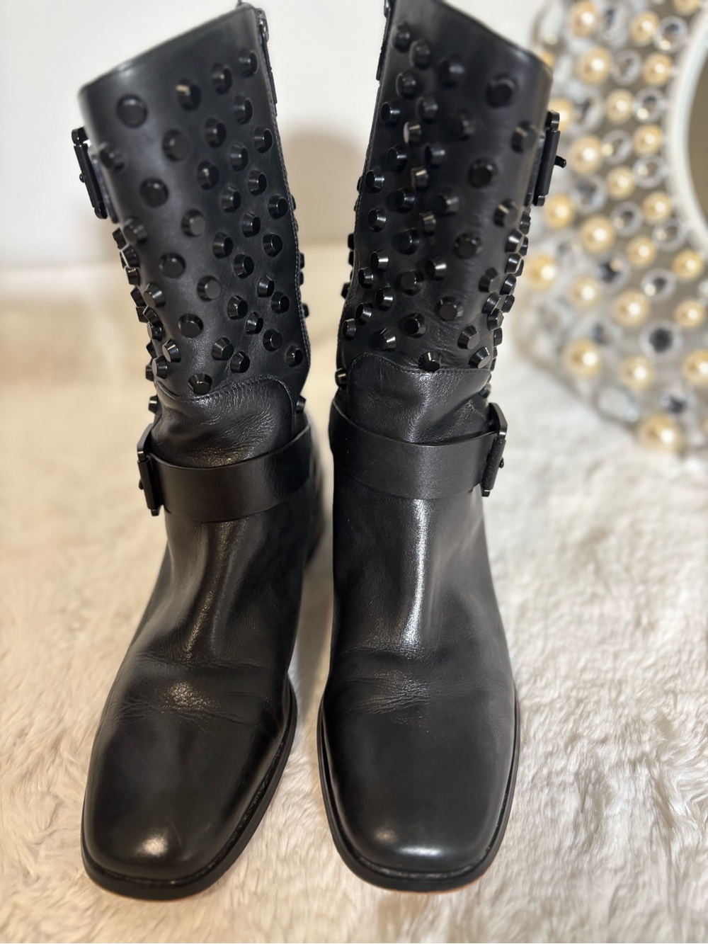 Michael Kors Studded Leather Moto Boots in Black– Size 9